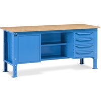 Fami Werkbank, höhenverstellbar, 4 Schubladen, Flügeltürschrank, Rückwand mit 2 Fachböden, TK 1.000 kg, HxBxT 740-1.110 x 2.000 x 750 mm, RAL 5012 lichtblau von Fami