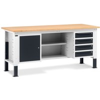 Fami Werkbank, höhenverstellbar, 4 Schubladen, Flügeltürschrank, Rückwand mit 2 Fachböden, TK 1.000 kg, HxBxT 740-1.110 x 2.000 x 750 mm, RAL 7035 lichtgrau / RAL 7016 anthrazitgrau von Fami