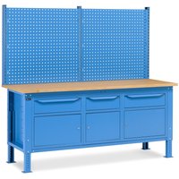 Fami Werkbank, höhenverstellbar, mit Multifunktionswand, 3 Schubladen u. 3 Schränke, TK 1.000 kg, HxBxT 740-1.110 x 2.000 x 750 mm, RAL 5012 lichtblau von Fami