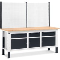 Fami Werkbank, höhenverstellbar, mit Multifunktionswand, 3 Schubladen u. 3 Schränke, TK 1.000 kg, HxBxT 740-1.110 x 2.000 x 750 mm, RAL 7016/7035 von Fami