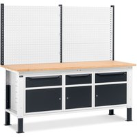 Fami Werkbank, höhenverstellbar, mit Multifunktionswand, 3 Schubladen u. 3 Schränke, TK 1.000 kg, HxBxT 740-1.110 x 2.000 x 750 mm, RAL 7035 lichtgrau / RAL 7016 anthrazitgrau von Fami