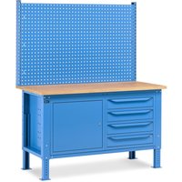 Fami Werkbank, höhenverstellbar, mit Multifunktionswand, 4 Schubladen u. Schrank, TK 1.000 kg, HxBxT 740-1.110 x 1.500 x 750 mm, RAL 5012 lichtblau von Fami