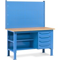 Fami Werkbank, höhenverstellbar, mit Multifunktionswand, 4 Schubladen, Rückwand mit 2 Fachböden, TK 1.000 kg, HxBxT 740-1.110 x 1.500 x 750 mm, RAL 5012 lichtblau von Fami