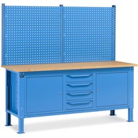 Fami Werkbank, höhenverstellbar, mit Multifunktionswand, 4 Schubladen u. 2 Schränke, TK 1.000 kg, HxBxT 740-1.110 x 2.000 x 750 mm, RAL 5012 lichtblau von Fami