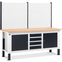 Fami Werkbank, höhenverstellbar, mit Multifunktionswand, 4 Schubladen u. 2 Schränke, TK 1.000 kg, HxBxT 740-1.110 x 2.000 x 750 mm, RAL 7035 lichtgrau / RAL 7016 anthrazitgrau von Fami