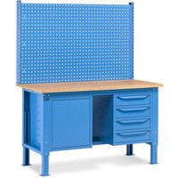 Fami Werkbank, höhenverstellbar, mit Multifunktionswand, 4 Schubladen (Lücke) u. Schrank, TK 1.000 kg, HxBxT 740-1.110 x 1.500 x 750 mm, RAL 5012 lichtblau von Fami