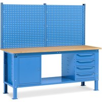 Fami Werkbank, höhenverstellbar, mit Multifunktionswand, 4 Schubladen u. Schrank, TK 1.000 kg, HxBxT 740-1.110 x 2.000 x 750 mm, RAL 5012 lichtblau von Fami