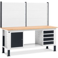 Fami Werkbank, höhenverstellbar, mit Multifunktionswand, 4 Schubladen u. Schrank, TK 1.000 kg, HxBxT 740-1.110 x 2.000 x 750 mm, RAL 7035 lichtgrau / RAL 7016 anthrazitgrau von Fami