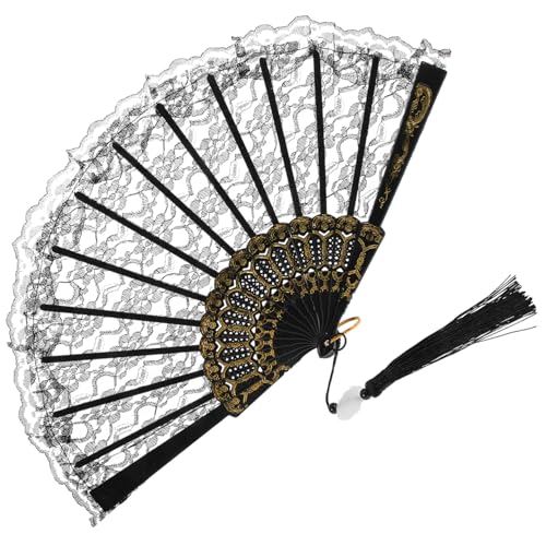 Hoement Vintage Spitzen Handfächer mit Quaste Robuster Faltfächer aus PP und Metall Dekorativ für Tanz Hochzeit und Party Eleganter Chinesischer Stil Leicht und Langlebig Einzigartiges von Hoement