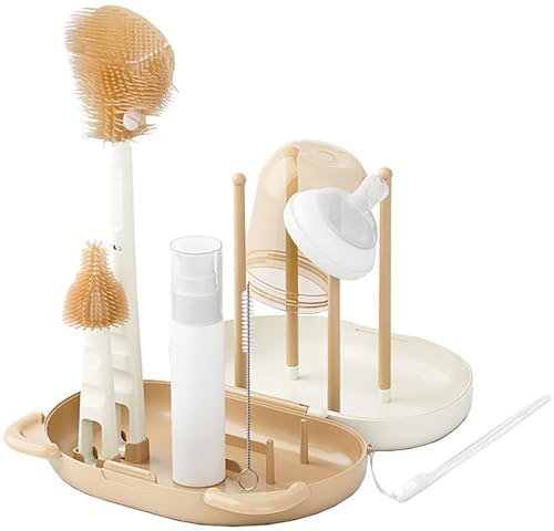 HOEREV Tragbares BPA-freies Flaschenbürsten-Set mit Schnullerbürste, Strohhalmbürste, Abtropfgestell und Box, Beige von Hoerev