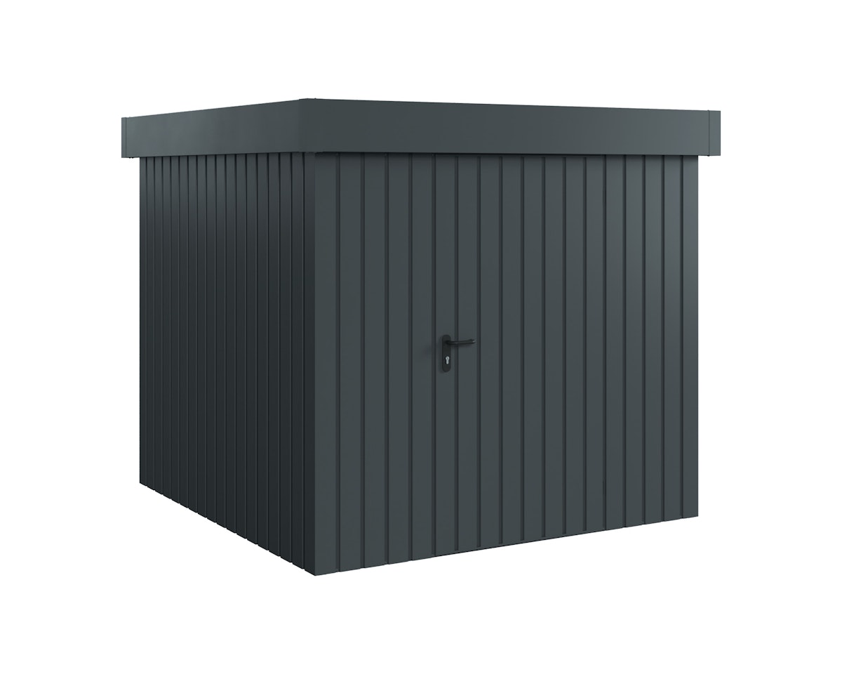 Hörmann Metall-Gerätehaus EcoStar EuroLine EFD mit Flachdach B 214 x T 214 cm (EFD 5), Motiv Modern (mit schmalen Lamellen), Einzeltür Türanschlag rechts, Anthrazitgrau (RAL 7016) von Hörmann Stauraumsysteme