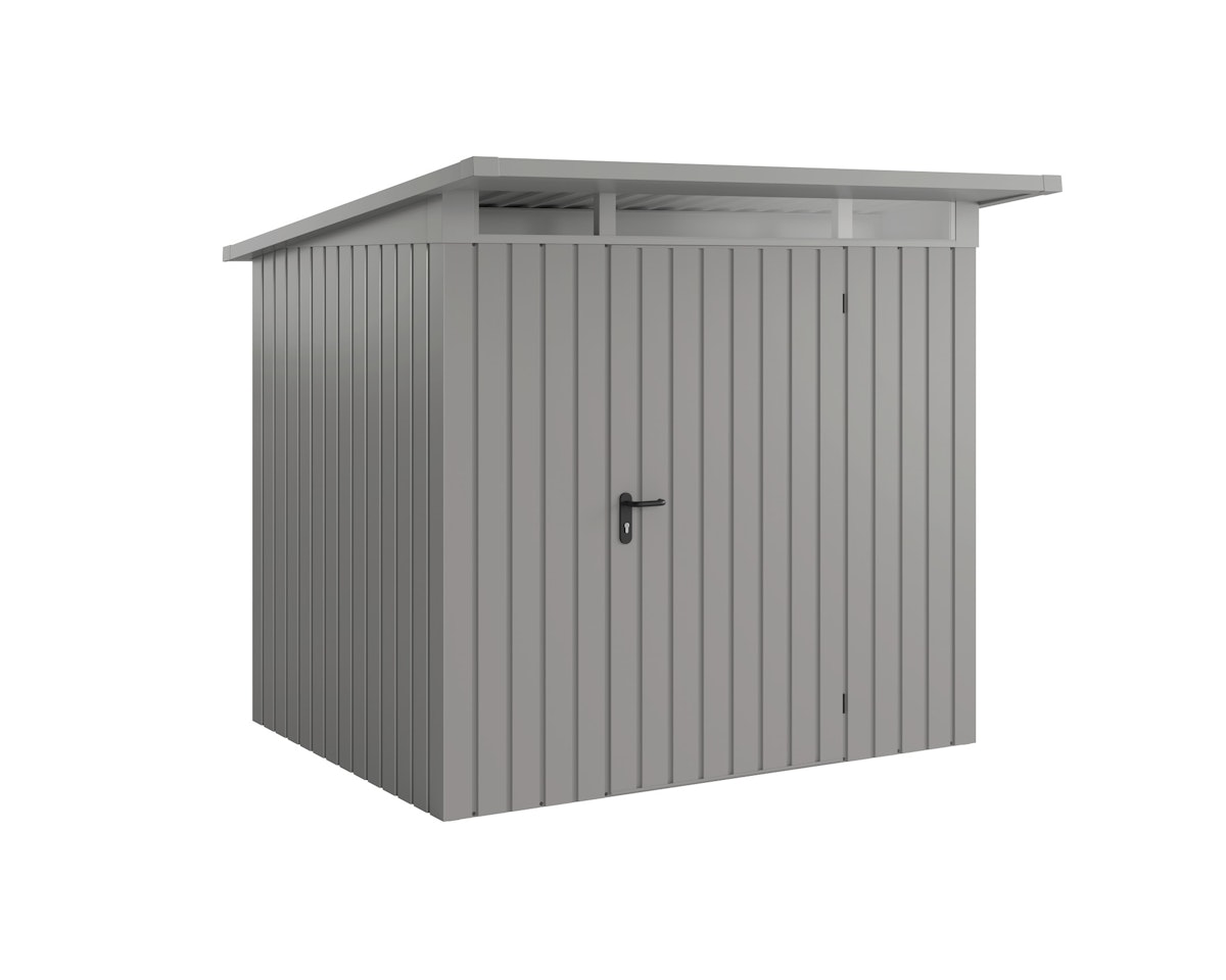 Hörmann Metall-Gerätehaus EcoStar EuroLine EPD mit Pultdach B 214 x T 166 cm (EPD 4), Motiv Modern (mit schmalen Lamellen), Einzeltür Türanschlag rechts, Graualuminium (RAL 9007) von Hörmann Stauraumsysteme