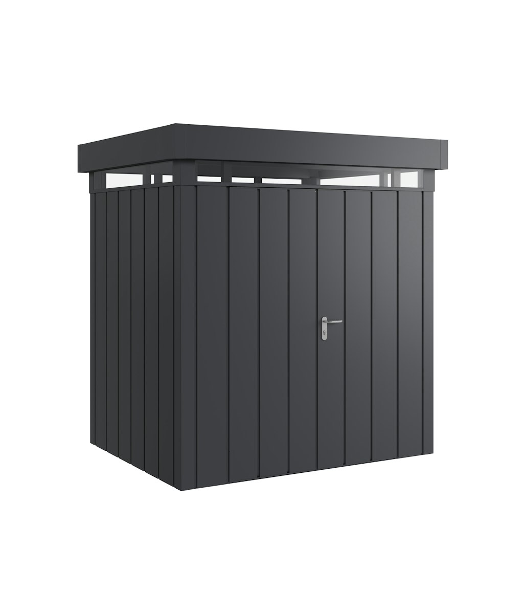 Hörmann Metall-Gerätehaus Juno JFD mit Flachdach B 214 x T 166 cm (JFD 4) mit Lichtband, Motiv Modern (mit schmalen Lamellen), Doppeltür, Anthrazitgrau (RAL 7016) von Hörmann Stauraumsysteme