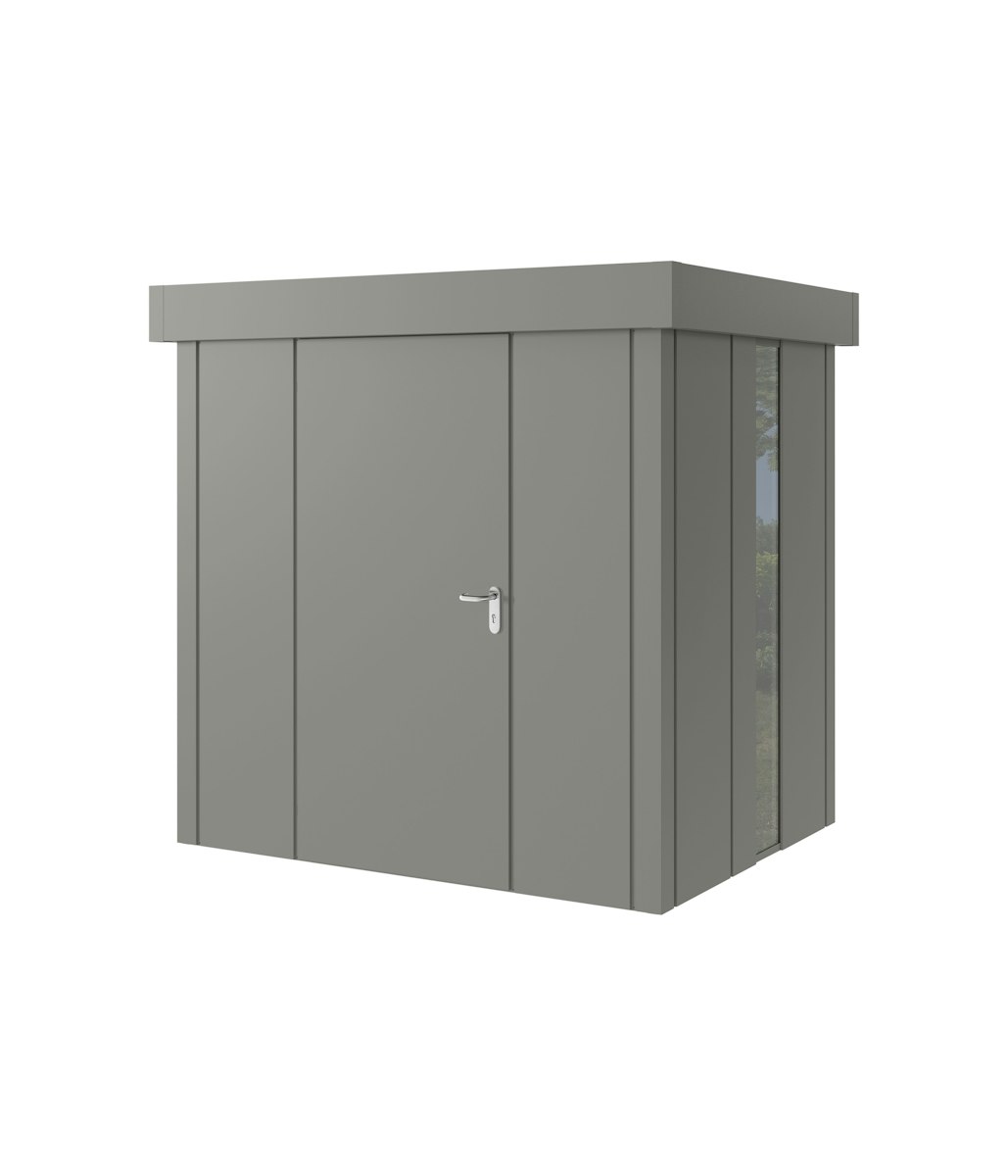 Hörmann Metall-Gerätehaus Juno JFD mit Flachdach B 214 x T 166 cm (JFD 4) mit bodentiefem Glaselement Motiv Design (mit breiten Lamellen) Einzeltür Türanschlag links Graualuminium (RAL 9007) von Hörmann Stauraumsysteme