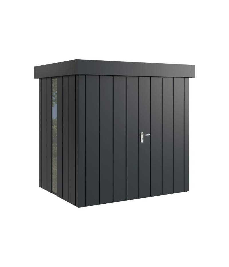 Hörmann Metall-Gerätehaus Juno JFD mit Flachdach B 214 x T 166 cm (JFD 4) mit bodentiefem Glaselement Motiv Modern (mit schmalen Lamellen) Doppeltür Anthrazitgrau (RAL 7016) von Hörmann Stauraumsysteme