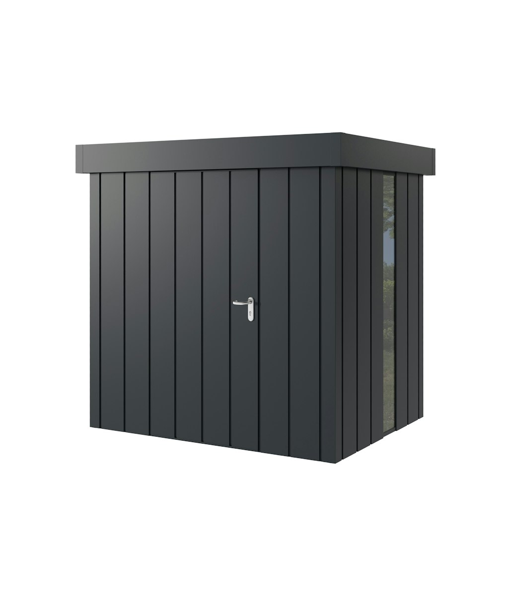Hörmann Metall-Gerätehaus Juno JFD mit Flachdach B 214 x T 166 cm (JFD 4) mit bodentiefem Glaselement Motiv Modern (mit schmalen Lamellen) Einzeltür Türanschlag links Anthrazitgrau (RAL 7016) von Hörmann Stauraumsysteme