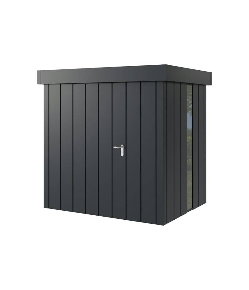 Hörmann Metall-Gerätehaus Juno JFD mit Flachdach B 214 x T 166 cm (JFD 4) mit bodentiefem Glaselement Motiv Modern (mit schmalen Lamellen) Einzeltür Türanschlag links Anthrazitgrau (RAL 7016) von Hörmann Stauraumsysteme