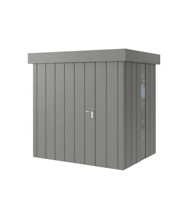 Hörmann Metall-Gerätehaus Juno JFD mit Flachdach B 214 x T 166 cm (JFD 4) mit bodentiefem Glaselement Motiv Modern (mit schmalen Lamellen) Einzeltür Türanschlag links Graualuminium (RAL 9007) von Hörmann Stauraumsysteme