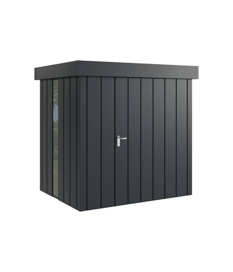 Hörmann Metall-Gerätehaus Juno JFD mit Flachdach B 214 x T 166 cm (JFD 4) mit bodentiefem Glaselement Motiv Modern (mit schmalen Lamellen) Einzeltür Türanschlag rechts Anthrazitgrau (RAL 7016) von Hörmann Stauraumsysteme