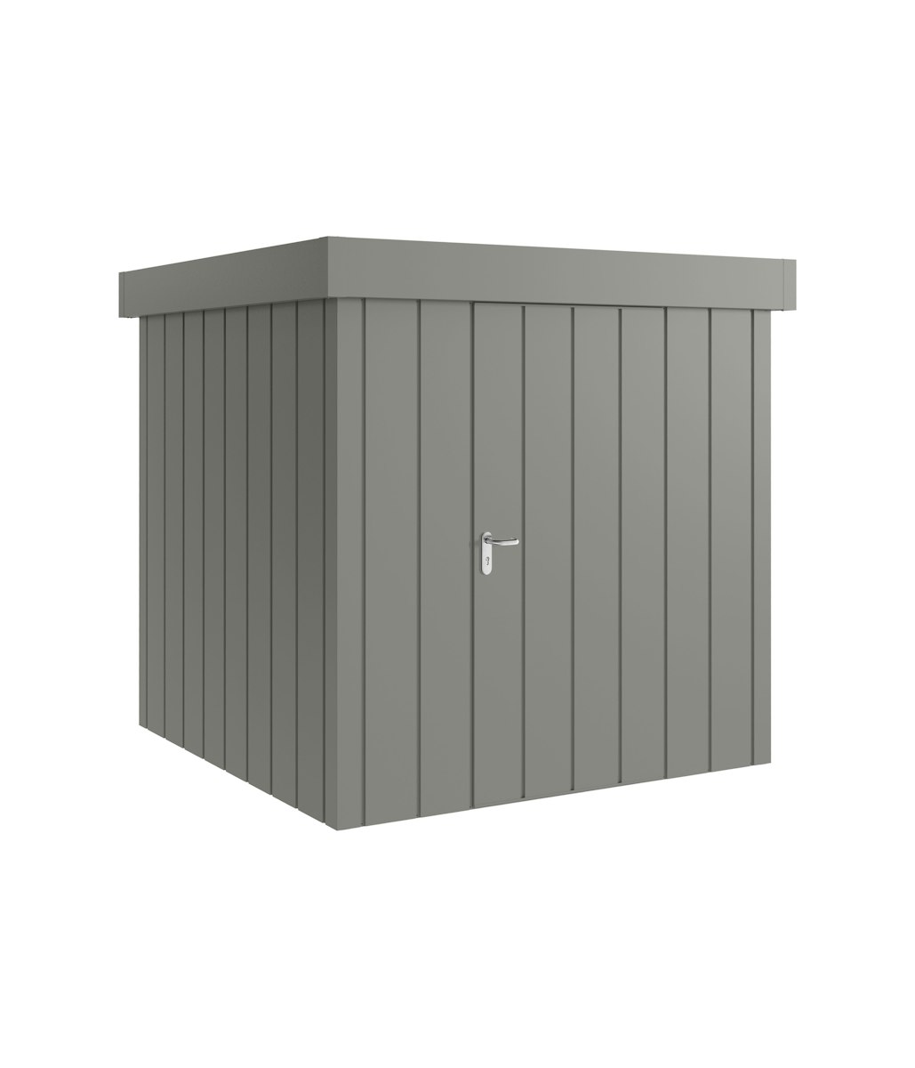 Hörmann Metall-Gerätehaus Juno JFD mit Flachdach B 214 x T 214 cm (JFD 5) Motiv Modern (mit schmalen Lamellen) Einzeltür Türanschlag rechts Graualuminium (RAL 9007) von Hörmann Stauraumsysteme