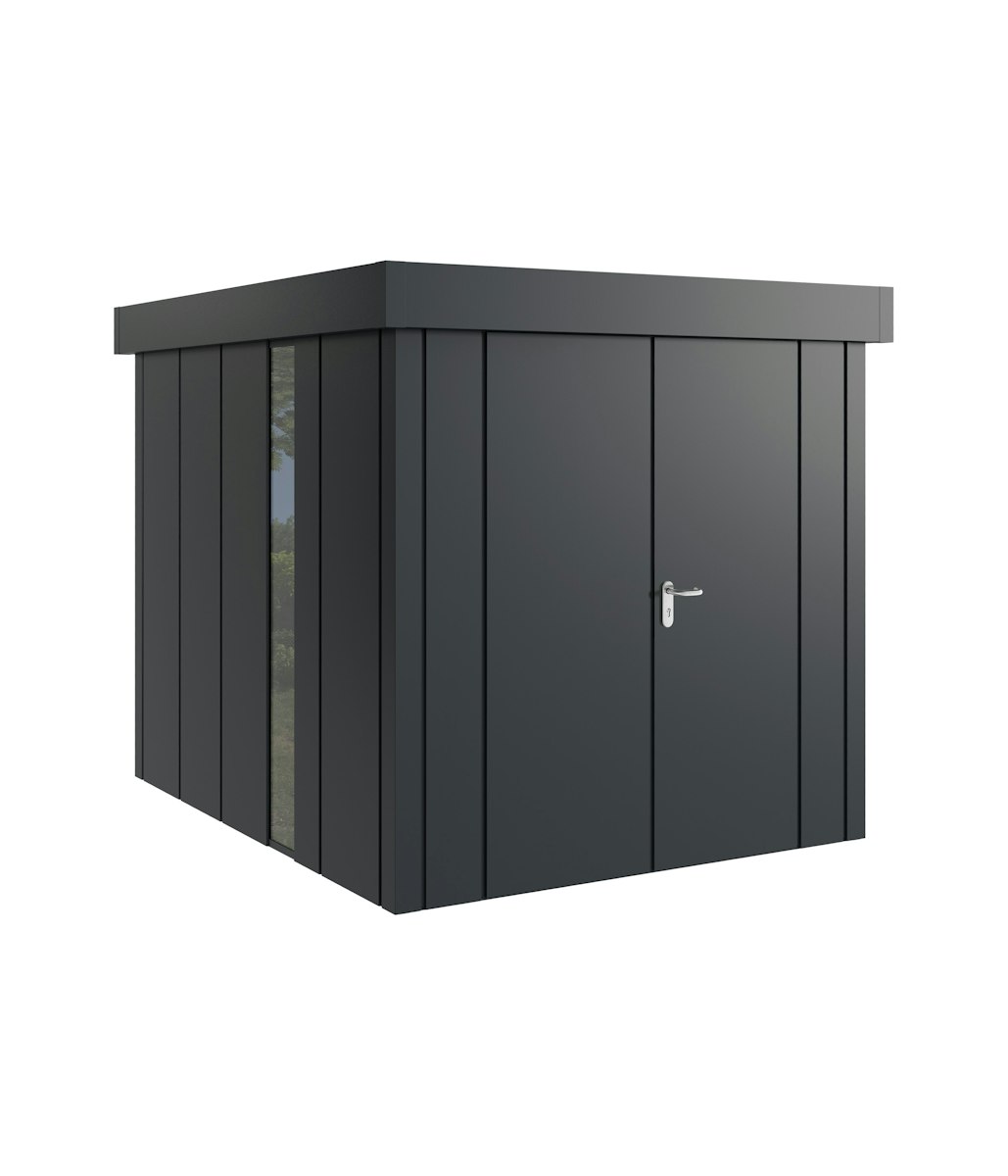 Hörmann Metall-Gerätehaus Juno JFD mit Flachdach B 214 x T 262 cm (JFD 6) mit bodentiefem Glaselement Motiv Design (mit breiten Lamellen) Einzeltür Türanschlag links Anthrazitgrau (RAL 7016) von Hörmann Stauraumsysteme