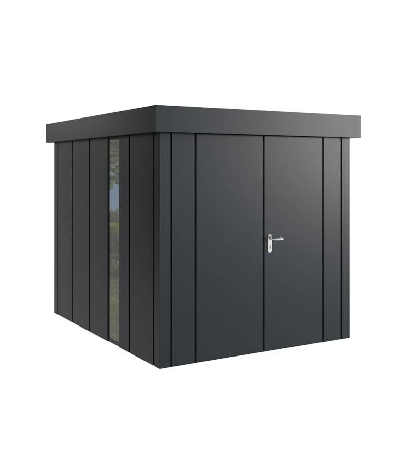 Hörmann Metall-Gerätehaus Juno JFD mit Flachdach B 214 x T 262 cm (JFD 6) mit bodentiefem Glaselement Motiv Design (mit breiten Lamellen) Einzeltür Türanschlag links Anthrazitgrau (RAL 7016) von Hörmann Stauraumsysteme