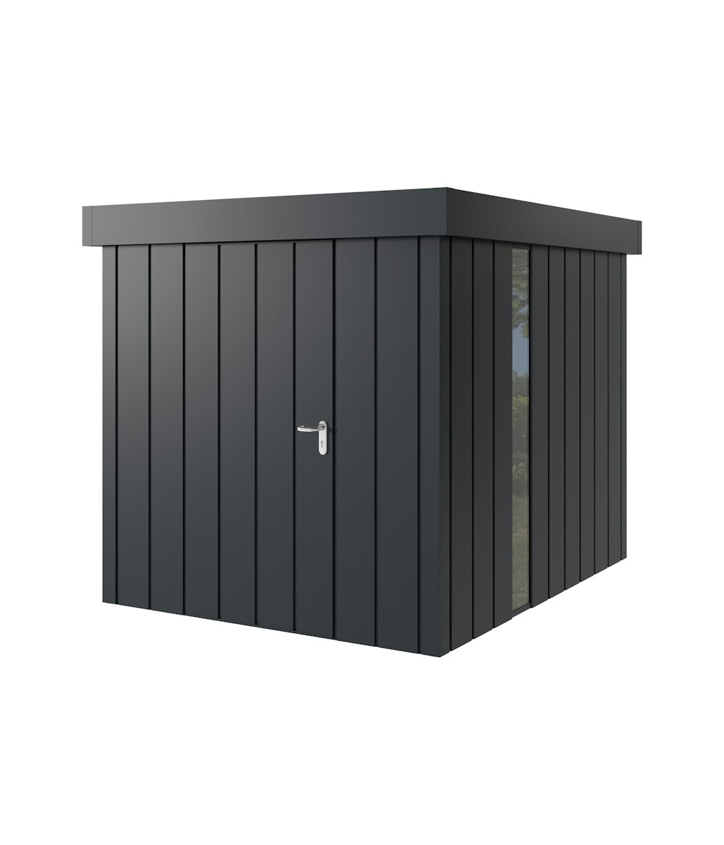 Hörmann Metall-Gerätehaus Juno JFD mit Flachdach B 214 x T 262 cm (JFD 6) mit bodentiefem Glaselement Motiv Modern (mit schmalen Lamellen) Einzeltür Türanschlag links Anthrazitgrau (RAL 7016) von Hörmann Stauraumsysteme