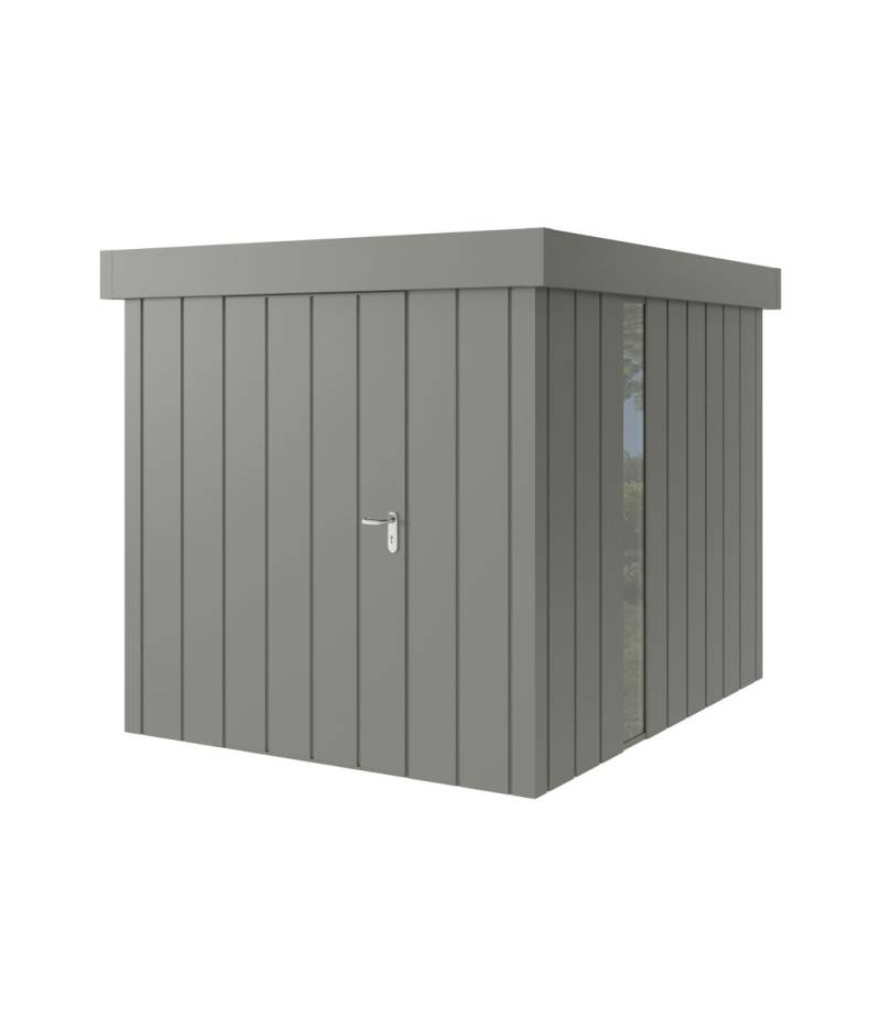Hörmann Metall-Gerätehaus Juno JFD mit Flachdach B 214 x T 262 cm (JFD 6) mit bodentiefem Glaselement Motiv Modern (mit schmalen Lamellen) Einzeltür Türanschlag links Graualuminium (RAL 9007) von Hörmann Stauraumsysteme