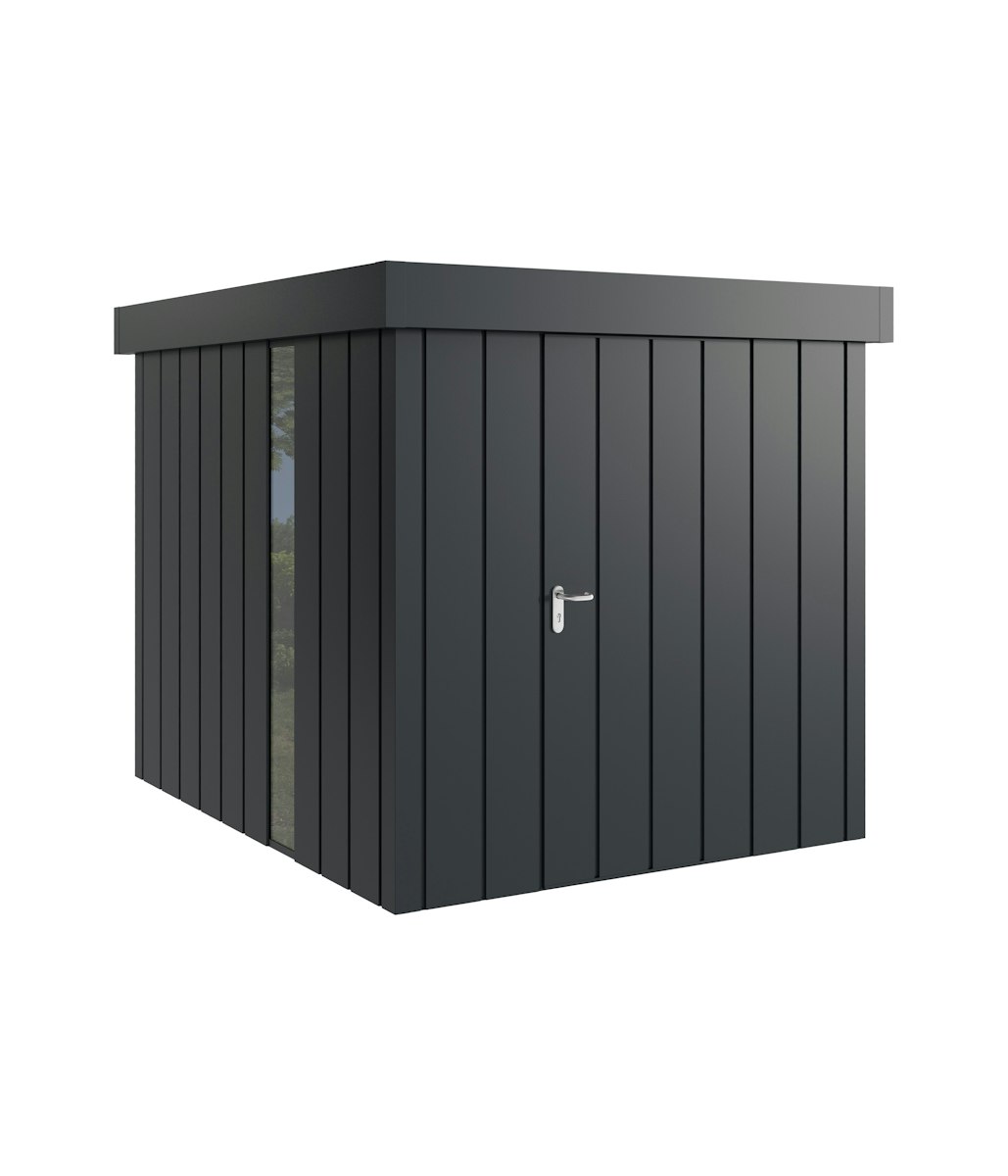 Hörmann Metall-Gerätehaus Juno JFD mit Flachdach B 214 x T 262 cm (JFD 6) mit bodentiefem Glaselement Motiv Modern (mit schmalen Lamellen) Einzeltür Türanschlag rechts Anthrazitgrau (RAL 7016) von Hörmann Stauraumsysteme