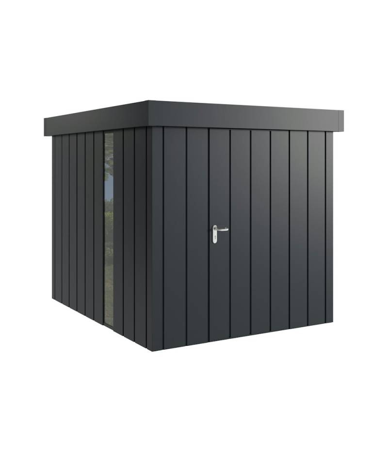 Hörmann Metall-Gerätehaus Juno JFD mit Flachdach B 214 x T 262 cm (JFD 6) mit bodentiefem Glaselement Motiv Modern (mit schmalen Lamellen) Einzeltür Türanschlag rechts Anthrazitgrau (RAL 7016) von Hörmann Stauraumsysteme