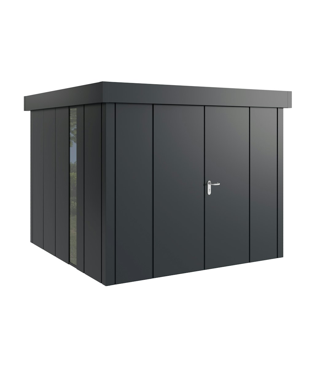 Hörmann Metall-Gerätehaus Juno JFD mit Flachdach B 262 x T 262 cm (JFD 10) mit bodentiefem Glaselement Motiv Design (mit breiten Lamellen) Doppeltür Anthrazitgrau (RAL 7016) von Hörmann Stauraumsysteme