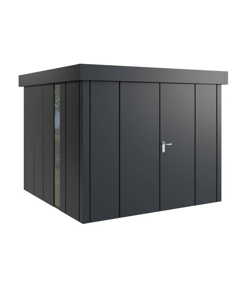 Hörmann Metall-Gerätehaus Juno JFD mit Flachdach B 262 x T 262 cm (JFD 10) mit bodentiefem Glaselement Motiv Design (mit breiten Lamellen) Doppeltür Anthrazitgrau (RAL 7016) von Hörmann Stauraumsysteme