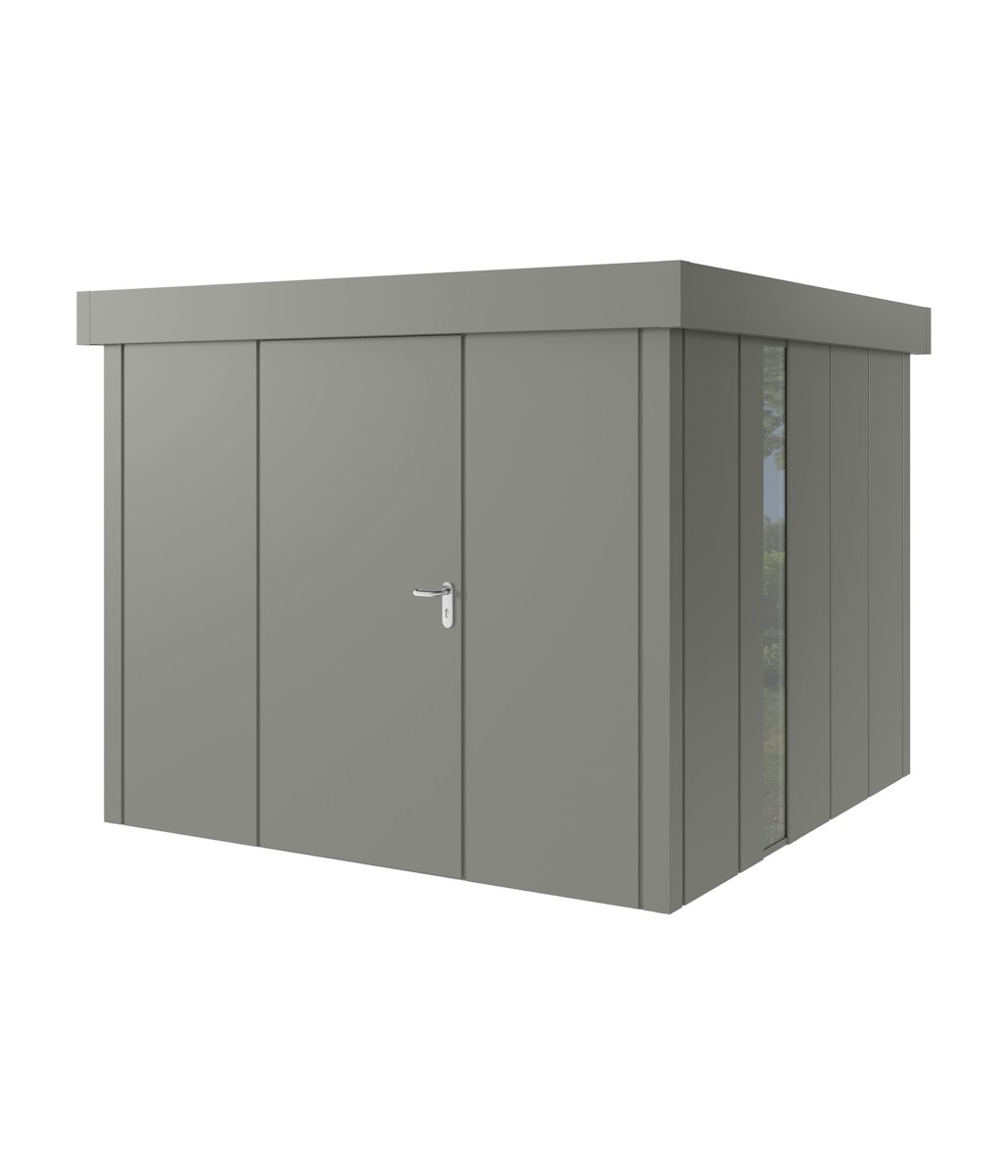 Hörmann Metall-Gerätehaus Juno JFD mit Flachdach B 262 x T 262 cm (JFD 10) mit bodentiefem Glaselement Motiv Design (mit breiten Lamellen) Einzeltür Türanschlag links Graualuminium (RAL 9007) von Hörmann Stauraumsysteme