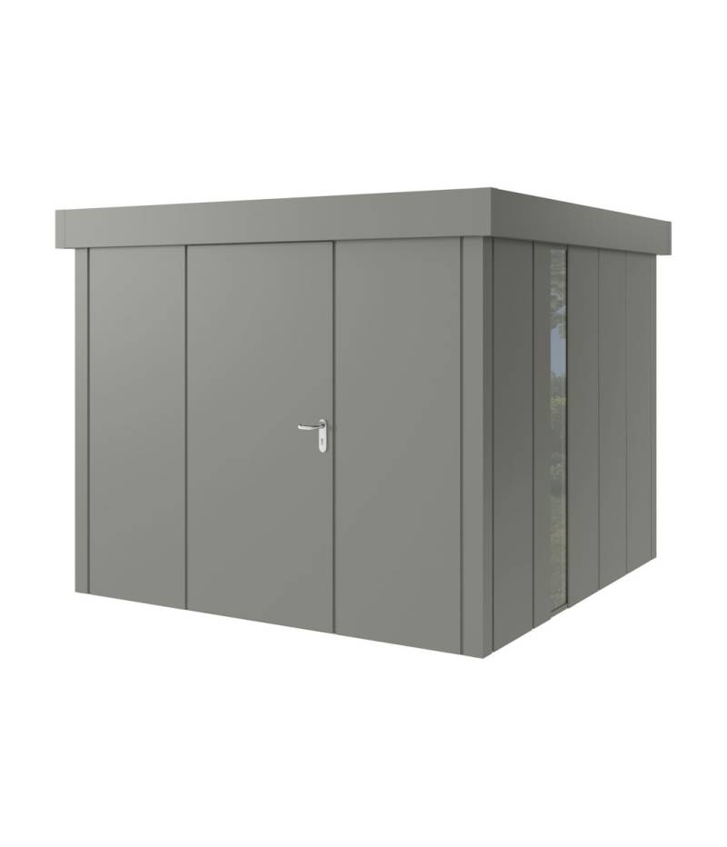 Hörmann Metall-Gerätehaus Juno JFD mit Flachdach B 262 x T 262 cm (JFD 10) mit bodentiefem Glaselement Motiv Design (mit breiten Lamellen) Einzeltür Türanschlag links Graualuminium (RAL 9007) von Hörmann Stauraumsysteme