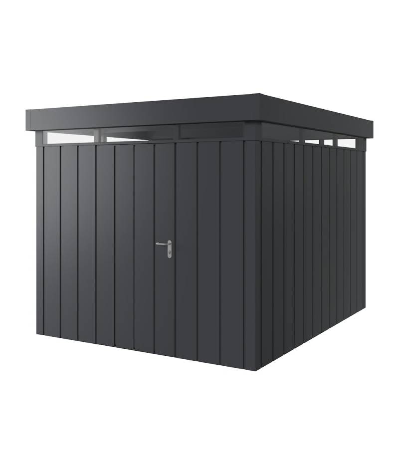 Hörmann Metall-Gerätehaus Juno JFD mit Flachdach B 262 x T 310 cm (JFD 11) mit Lichtband, Motiv Modern (mit schmalen Lamellen), Einzeltür Türanschlag links, Anthrazitgrau (RAL 7016) von Hörmann Stauraumsysteme