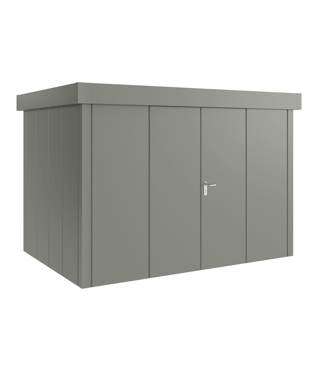 Hörmann Metall-Gerätehaus Juno JFD mit Flachdach B 310 x T 214 cm (JFD 12) Motiv Design (mit breiten Lamellen) Doppeltür Graualuminium (RAL 9007) von Hörmann Stauraumsysteme