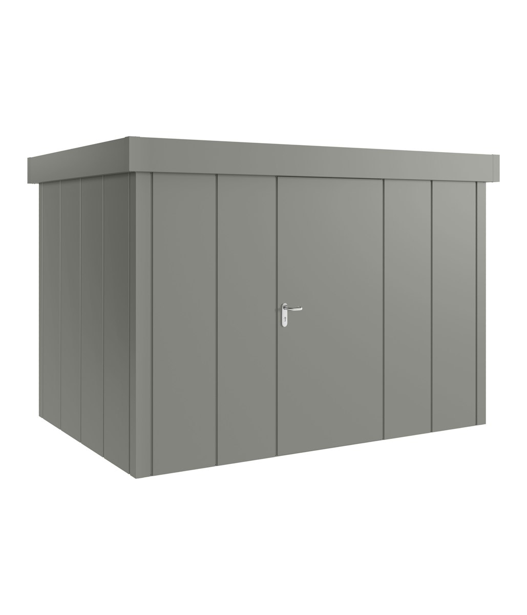 Hörmann Metall-Gerätehaus Juno JFD mit Flachdach B 310 x T 214 cm (JFD 12) Motiv Design (mit breiten Lamellen) Einzeltür Türanschlag rechts Graualuminium (RAL 9007) von Hörmann Stauraumsysteme