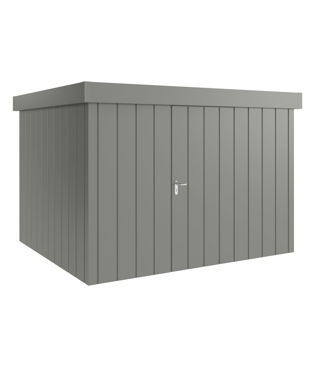 Hörmann Metall-Gerätehaus Juno JFD mit Flachdach B 310 x T 262 cm (JFD 13) Motiv Modern (mit schmalen Lamellen) Einzeltür Türanschlag rechts Graualuminium (RAL 9007) von Hörmann Stauraumsysteme