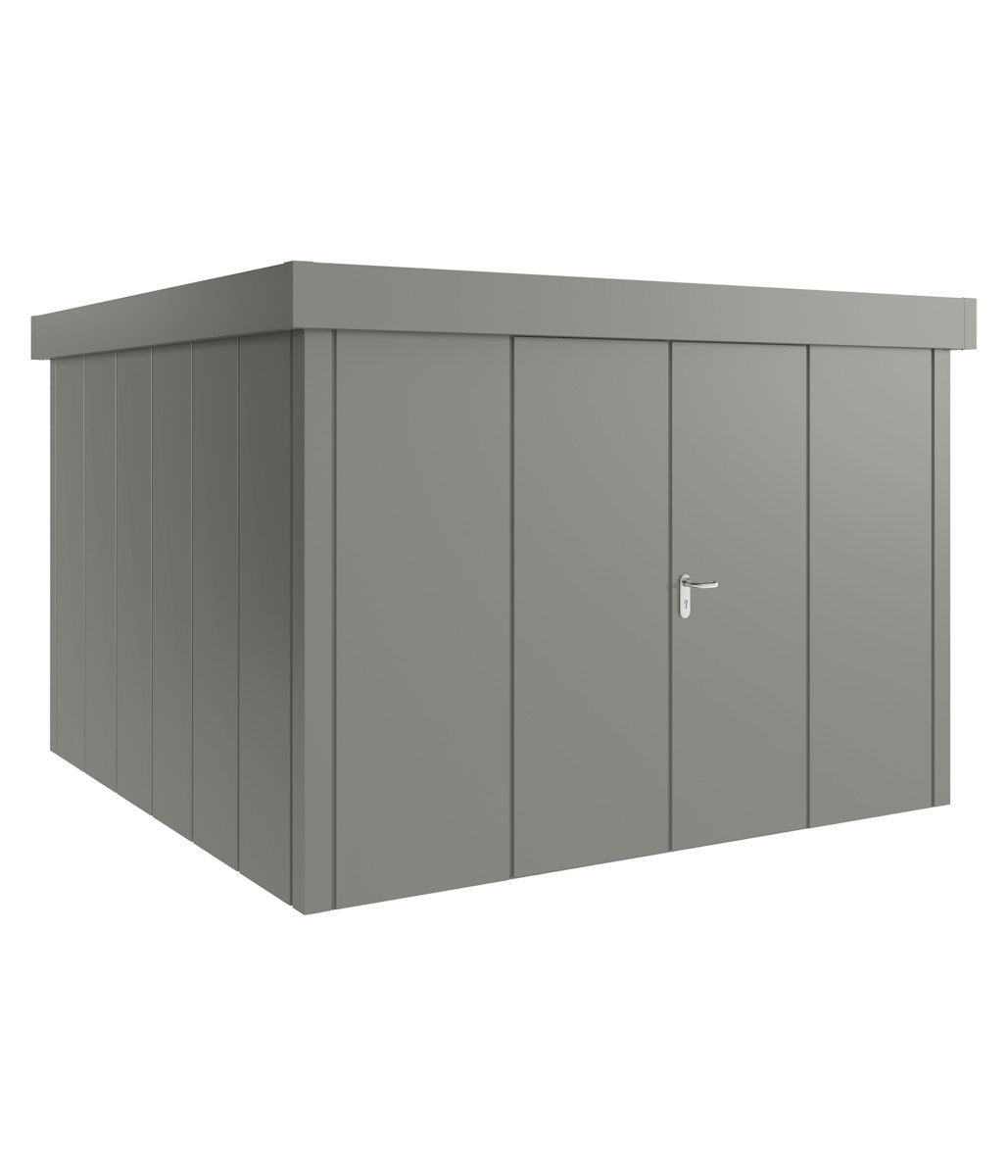 Hörmann Metall-Gerätehaus Juno JFD mit Flachdach B 310 x T 310 cm (JFD 14) Motiv Design (mit breiten Lamellen) Doppeltür Graualuminium (RAL 9007) von Hörmann Stauraumsysteme