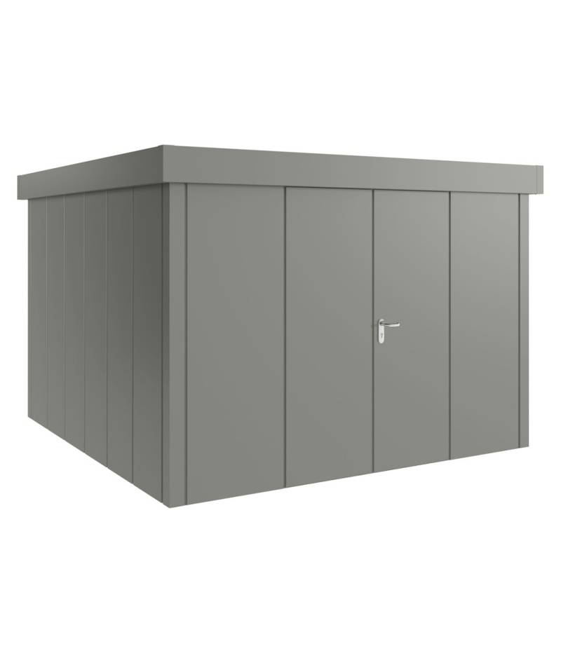 Hörmann Metall-Gerätehaus Juno JFD mit Flachdach B 310 x T 310 cm (JFD 14) Motiv Design (mit breiten Lamellen) Doppeltür Graualuminium (RAL 9007) von Hörmann Stauraumsysteme