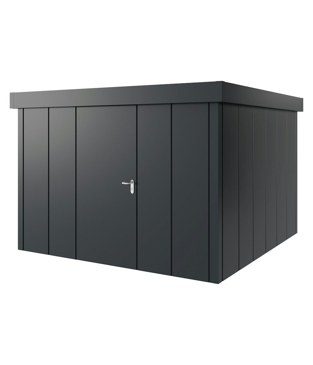 Hörmann Metall-Gerätehaus Juno JFD mit Flachdach B 310 x T 310 cm (JFD 14) Motiv Design (mit breiten Lamellen) Einzeltür Türanschlag links Anthrazitgrau (RAL 7016) von Hörmann Stauraumsysteme