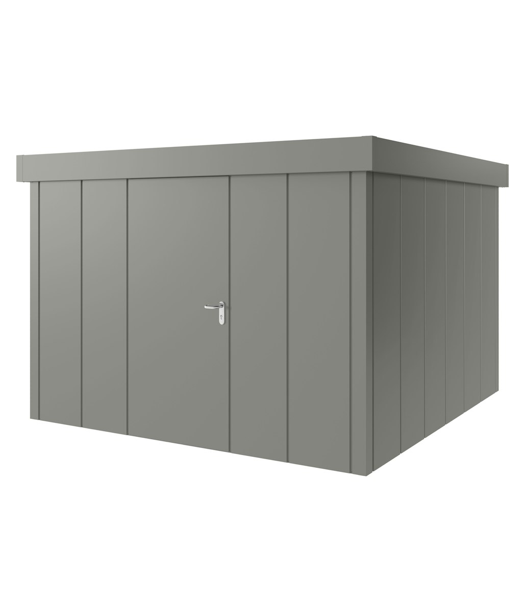 Hörmann Metall-Gerätehaus Juno JFD mit Flachdach B 310 x T 310 cm (JFD 14) Motiv Design (mit breiten Lamellen) Einzeltür Türanschlag links Graualuminium (RAL 9007) von Hörmann Stauraumsysteme