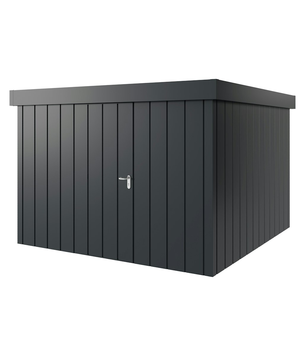 Hörmann Metall-Gerätehaus Juno JFD mit Flachdach B 310 x T 310 cm (JFD 14) Motiv Modern (mit schmalen Lamellen) Einzeltür Türanschlag links Anthrazitgrau (RAL 7016) von Hörmann Stauraumsysteme