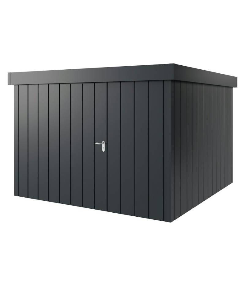 Hörmann Metall-Gerätehaus Juno JFD mit Flachdach B 310 x T 310 cm (JFD 14) Motiv Modern (mit schmalen Lamellen) Einzeltür Türanschlag links Anthrazitgrau (RAL 7016) von Hörmann Stauraumsysteme