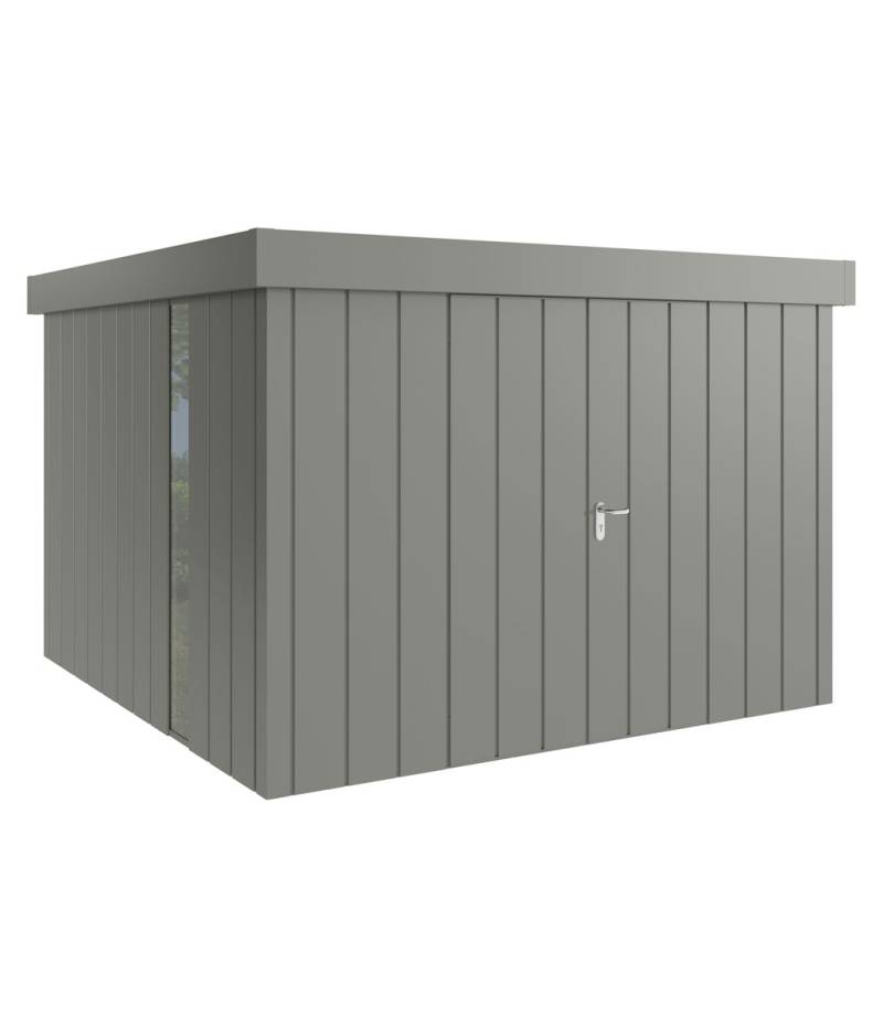 Hörmann Metall-Gerätehaus Juno JFD mit Flachdach B 310 x T 310 cm (JFD 14) mit bodentiefem Glaselement Motiv Modern (mit schmalen Lamellen) Doppeltür Graualuminium (RAL 9007) von Hörmann Stauraumsysteme