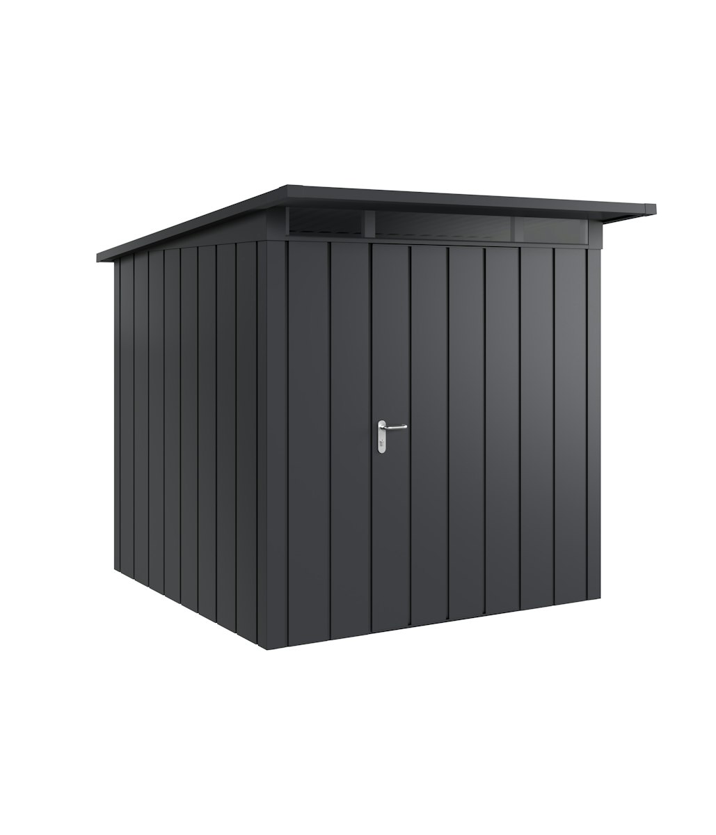 Hörmann Metall-Gerätehaus Juno JPD mit Pultdach B 214 x T 214 cm (JPD 5) Motiv Modern (mit schmalen Lamellen) Einzeltür Türanschlag rechts Anthrazitgrau (RAL 7016) von Hörmann Stauraumsysteme