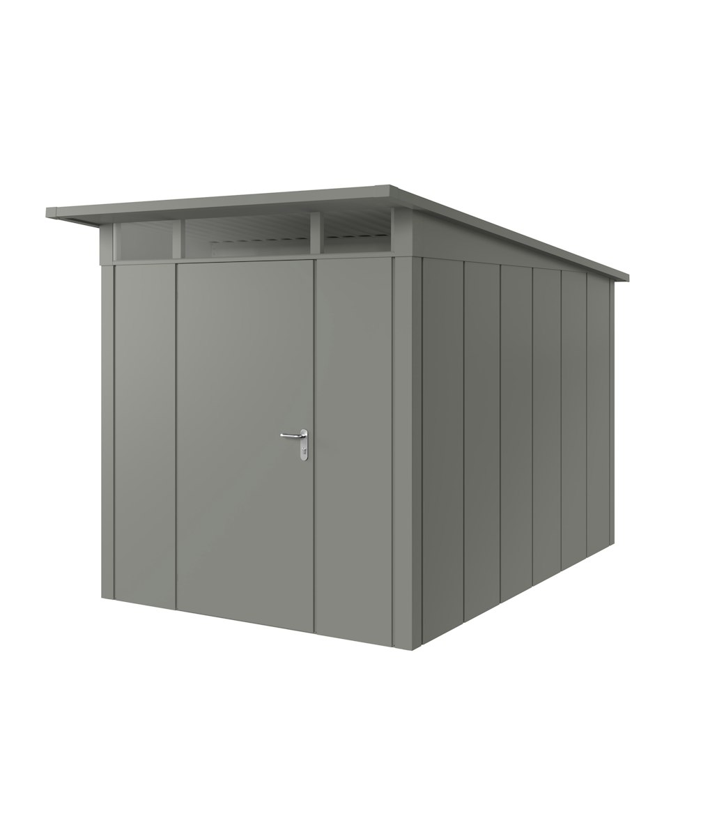 Hörmann Metall-Gerätehaus Juno JPD mit Pultdach B 214 x T 310 cm (JPD 7) Motiv Design (mit breiten Lamellen) Einzeltür Türanschlag links Graualuminium (RAL 9007) von Hörmann Stauraumsysteme