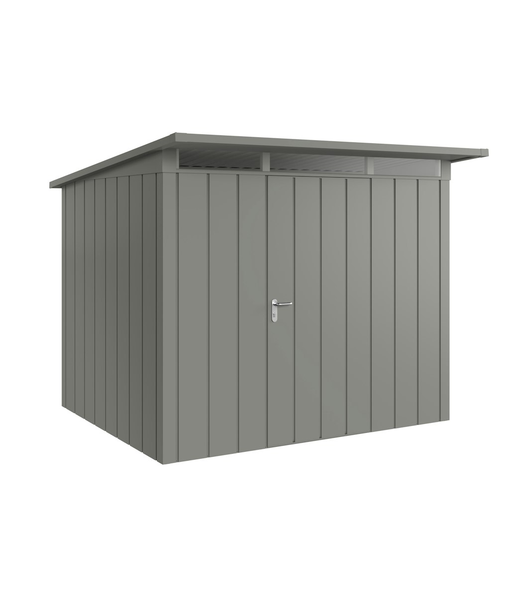 Hörmann Metall-Gerätehaus Juno JPD mit Pultdach B 262 x T 214 cm (JPD 9) Motiv Modern (mit schmalen Lamellen) Einzeltür Türanschlag rechts Graualuminium (RAL 9007) von Hörmann Stauraumsysteme