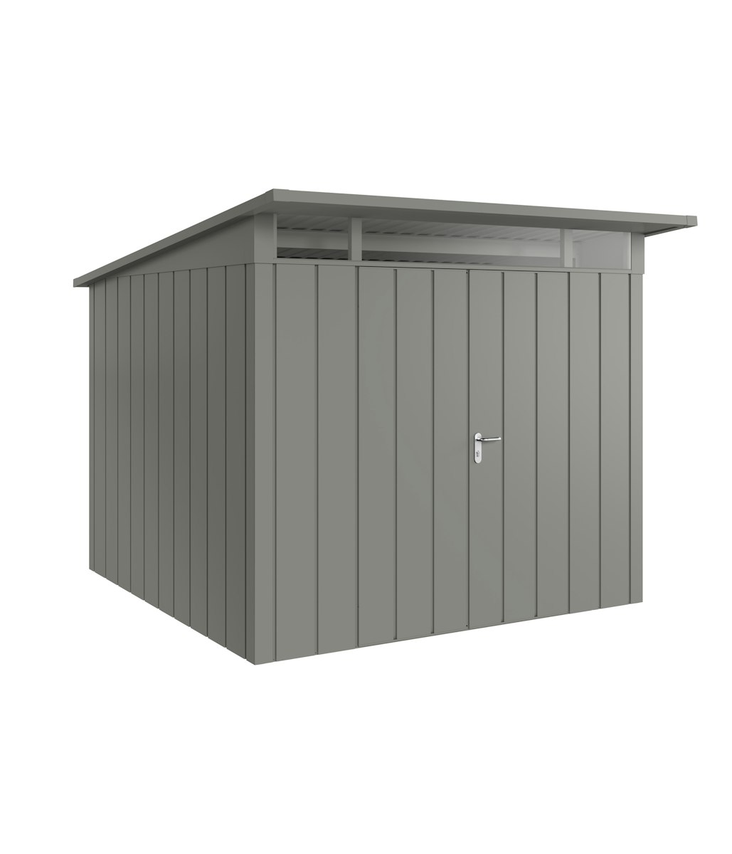Hörmann Metall-Gerätehaus Juno JPD mit Pultdach B 262 x T 262 cm (JPD 10) Motiv Modern (mit schmalen Lamellen) Doppeltür Graualuminium (RAL 9007) von Hörmann Stauraumsysteme