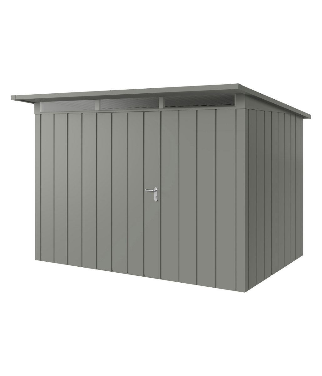 Hörmann Metall-Gerätehaus Juno JPD mit Pultdach B 310 x T 214 cm (JPD 12) Motiv Modern (mit schmalen Lamellen) Einzeltür Türanschlag links Graualuminium (RAL 9007) von Hörmann Stauraumsysteme